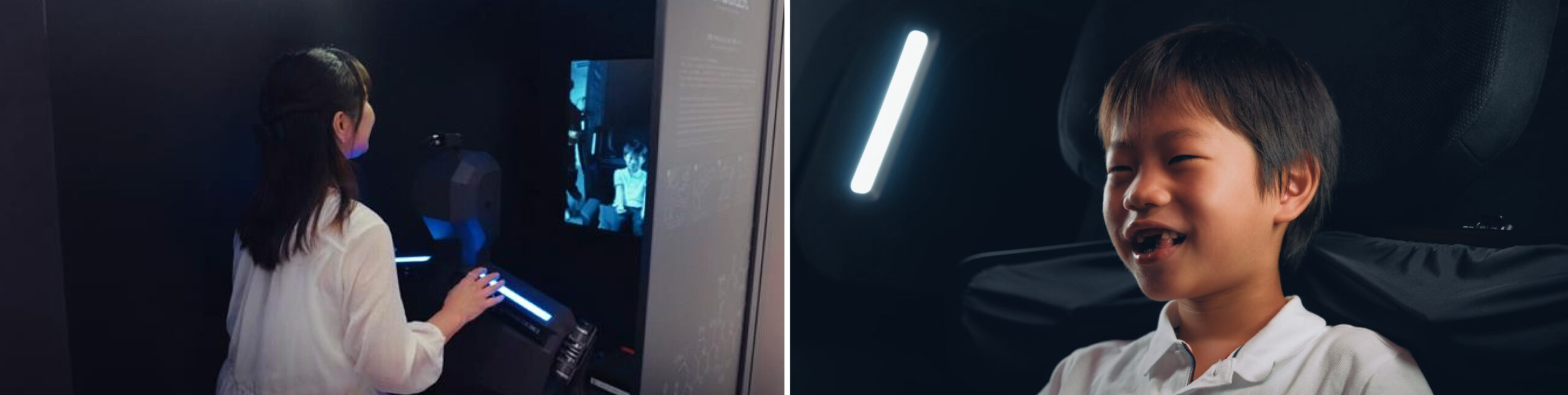 Mother and son testing the Remotouch experience, a remote touch therapy, at Expo 2025