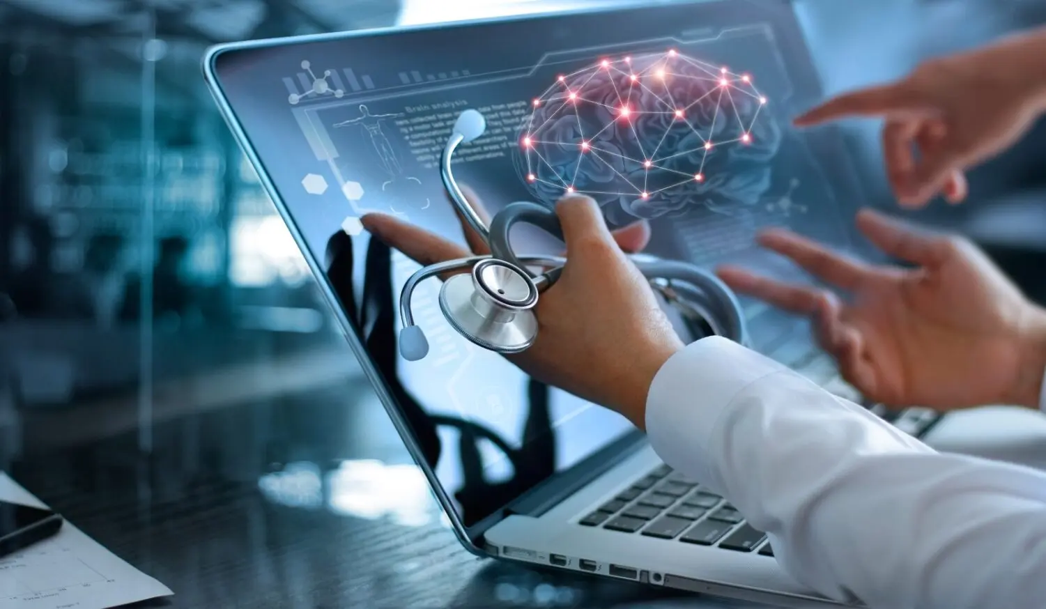 AI generated image. Doctor using laptop displaying holographic brain network with connected nodes, holding stethoscope while interacting with digital medical interface.